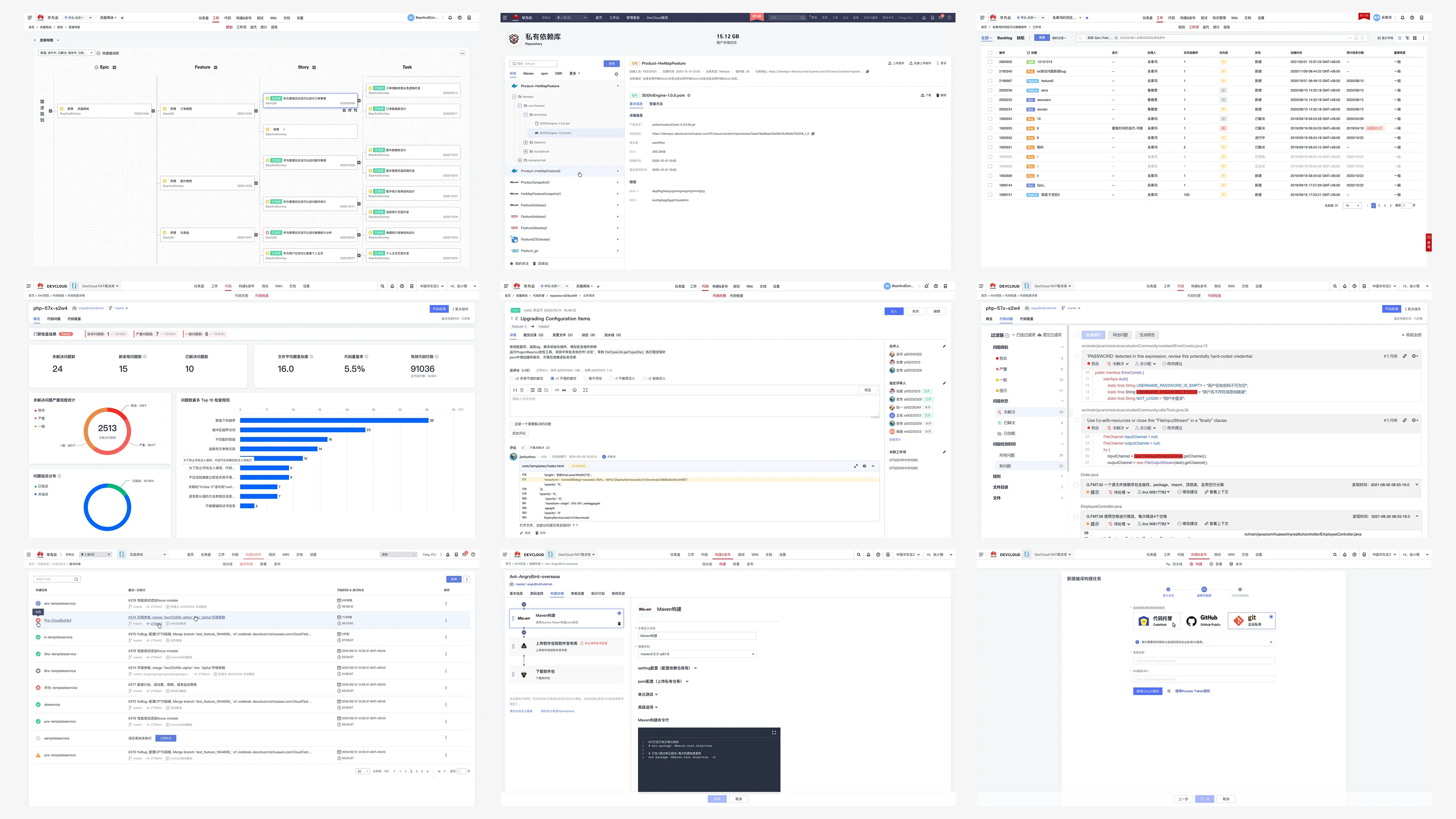 A grid of nine DevCloud screens before the redesign — dashboards, boards, pipelines and code review, each with slightly different chrome