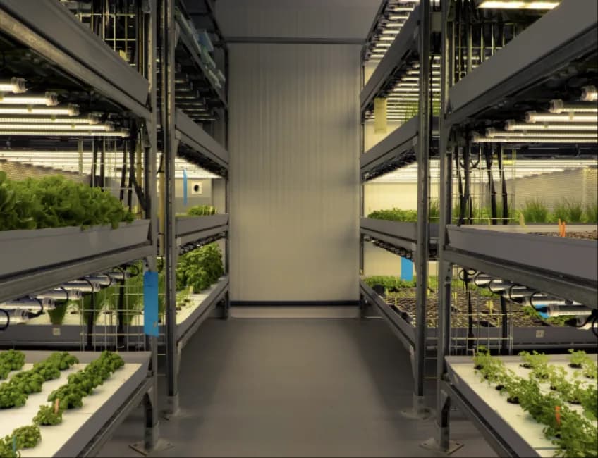 Rows of crops growing on stacked vertical farming shelves in Paris