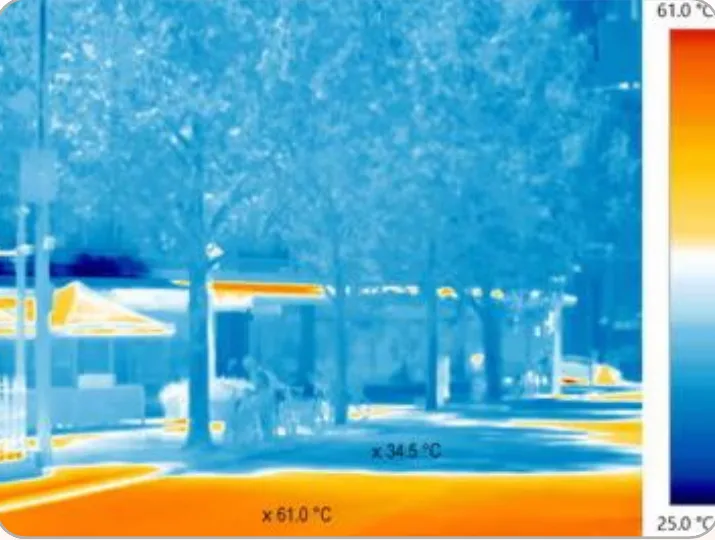 Thermal imaging of a street showing intense heat radiating from paved surfaces near green infrastructure