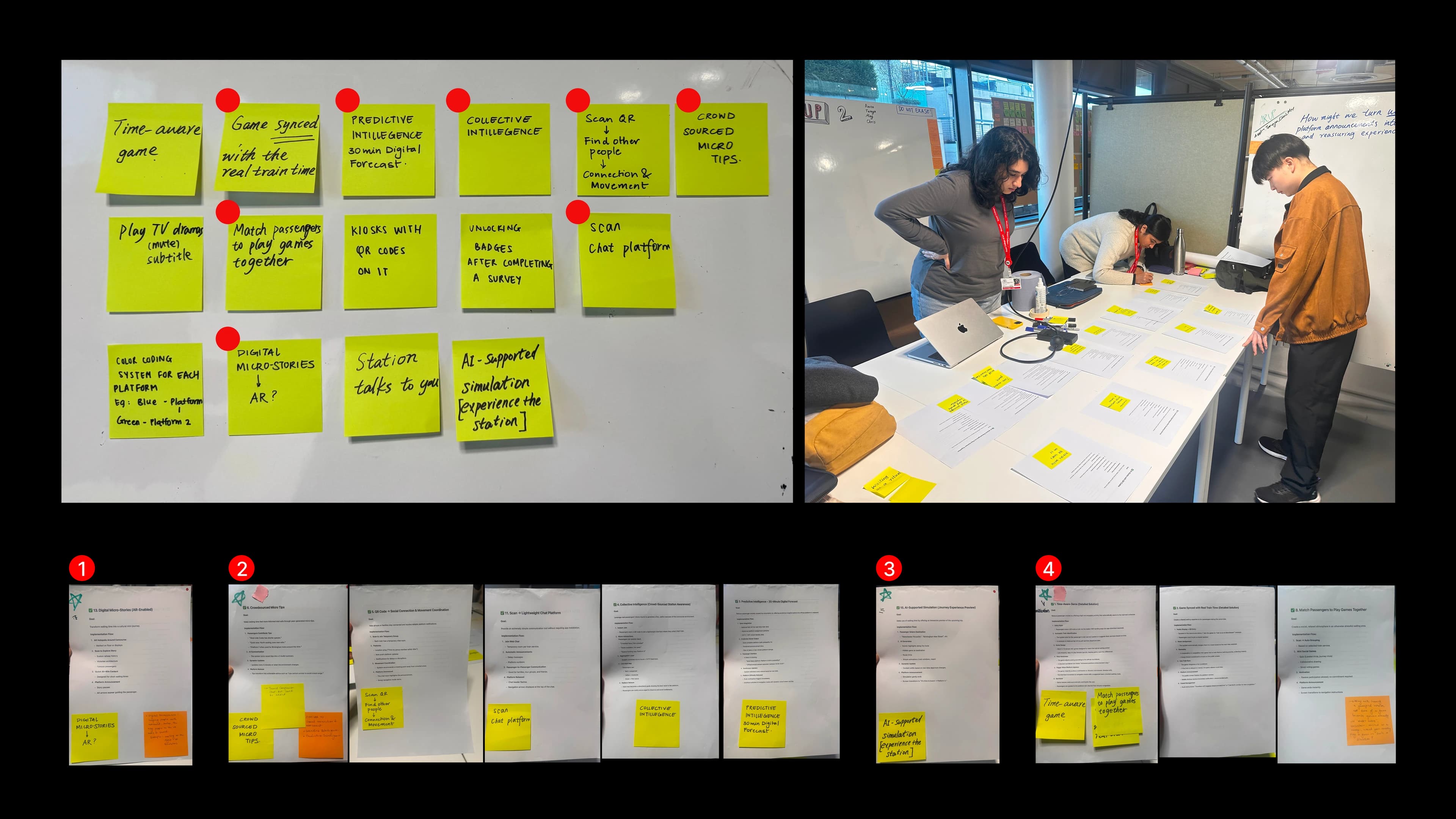Ideation workshop wall of How-Might-We statements and concept sketches exploring the waiting-moment service opportunity.
