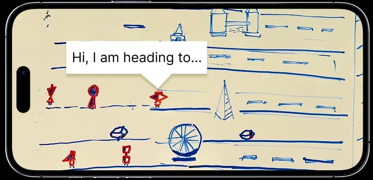 Multiplayer presence concept with lightweight passenger avatars and speech bubbles.